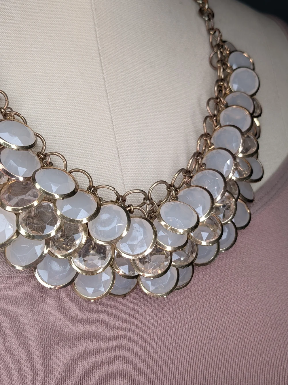 Antique Gold Milky White Glass Cabochon Scale Bib Statement Necklace